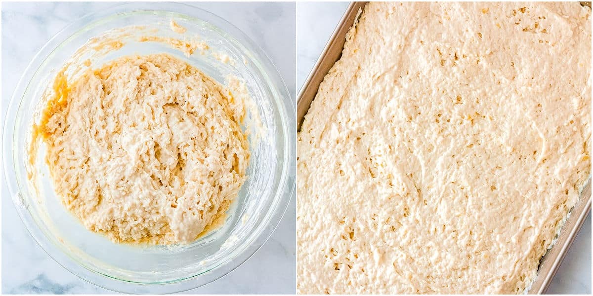 a collage showing mixing the wet and dry ingredients together, and spreading the batter in the sheet pan