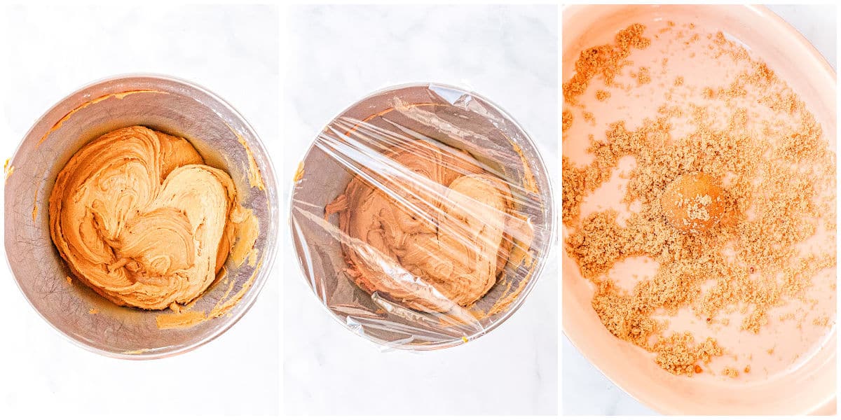 a collage of mixing the gingerbread drop cookies ingredients together, chilling the dough, and rolling the dough in sugar