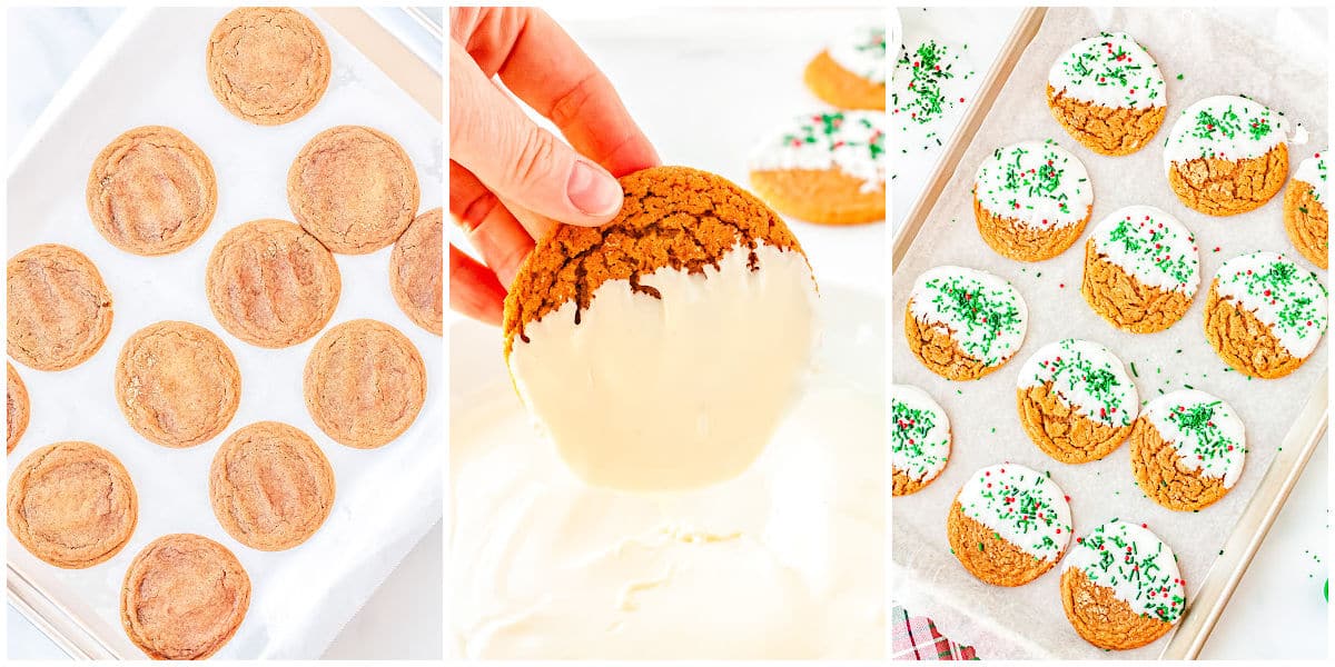 a collage of cooling the cookies, dipping the cookies in chocolate, and topping them with sprinkles on a baking sheet