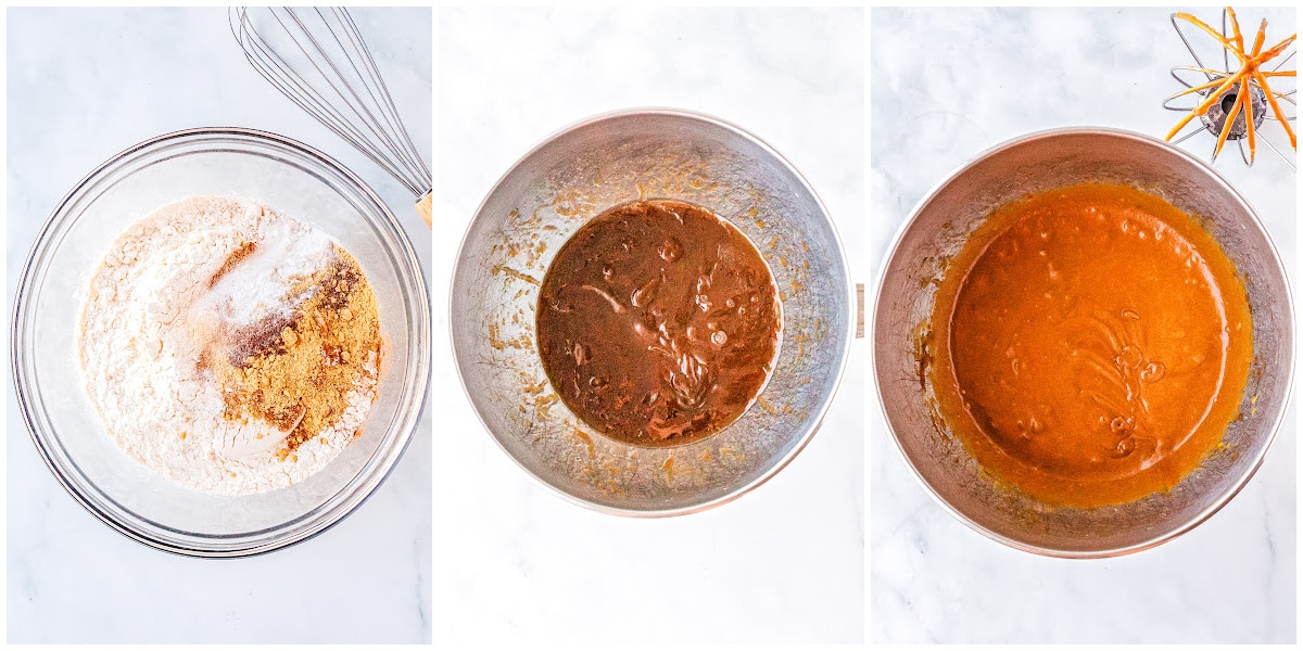a collage of mixing ingredients together for gingerbread drop cookies