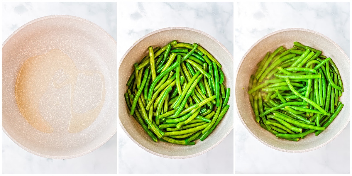 a skillet with oil heating up, a skillet with green beans, a skillet with water and lemon juice
