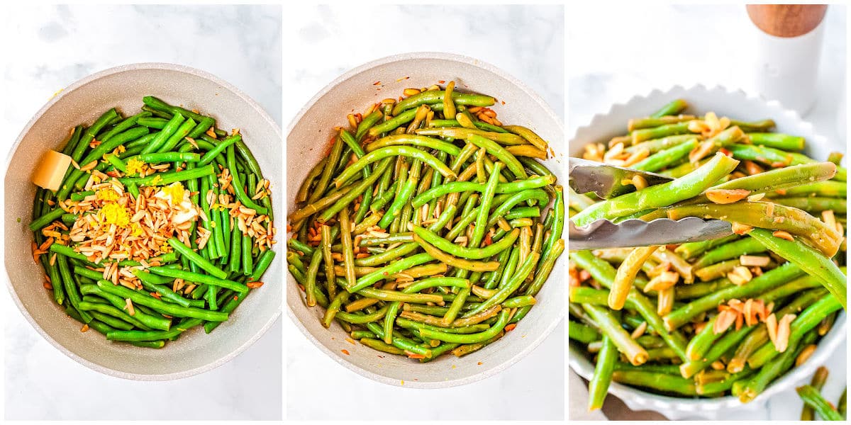 a skillet of green beans cooking with almonds, cooked green beans, and serving green beans with tongs in a white bowl