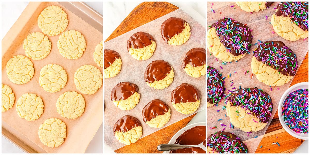 baking sheet of baked cookies, dipped in chocolate, and with sprinkles on top