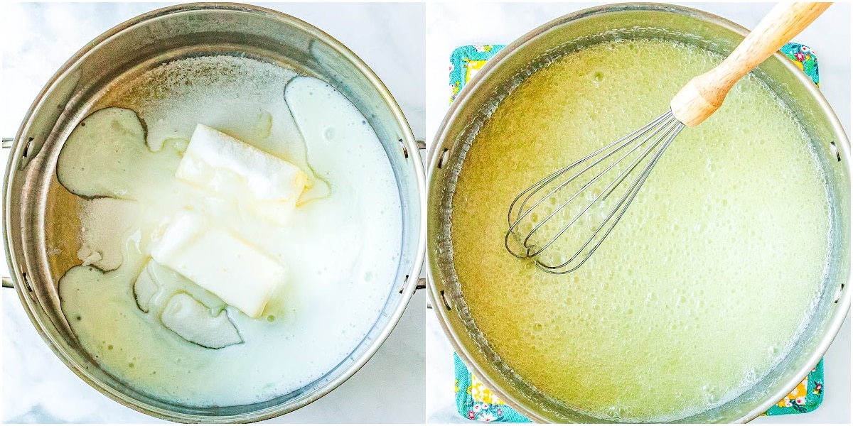 melting butter in a pot and whisking in the sugar and buttermilk into the butter in the pot