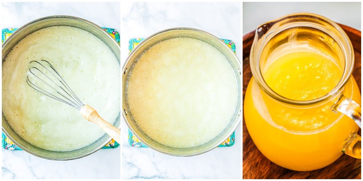 whisking in the baking soda and vanilla, letting the mixture cool in the pot, adding the syrup to a serving container to serve