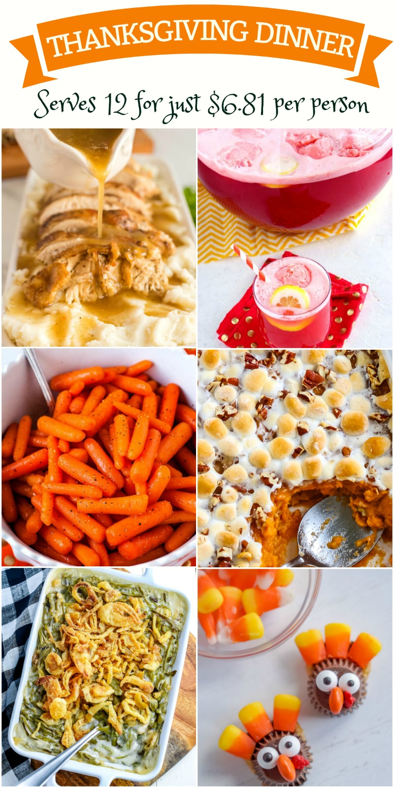 Picture Collage of Thanksgiving dishes to serve 12 with text overlay for Pinterest