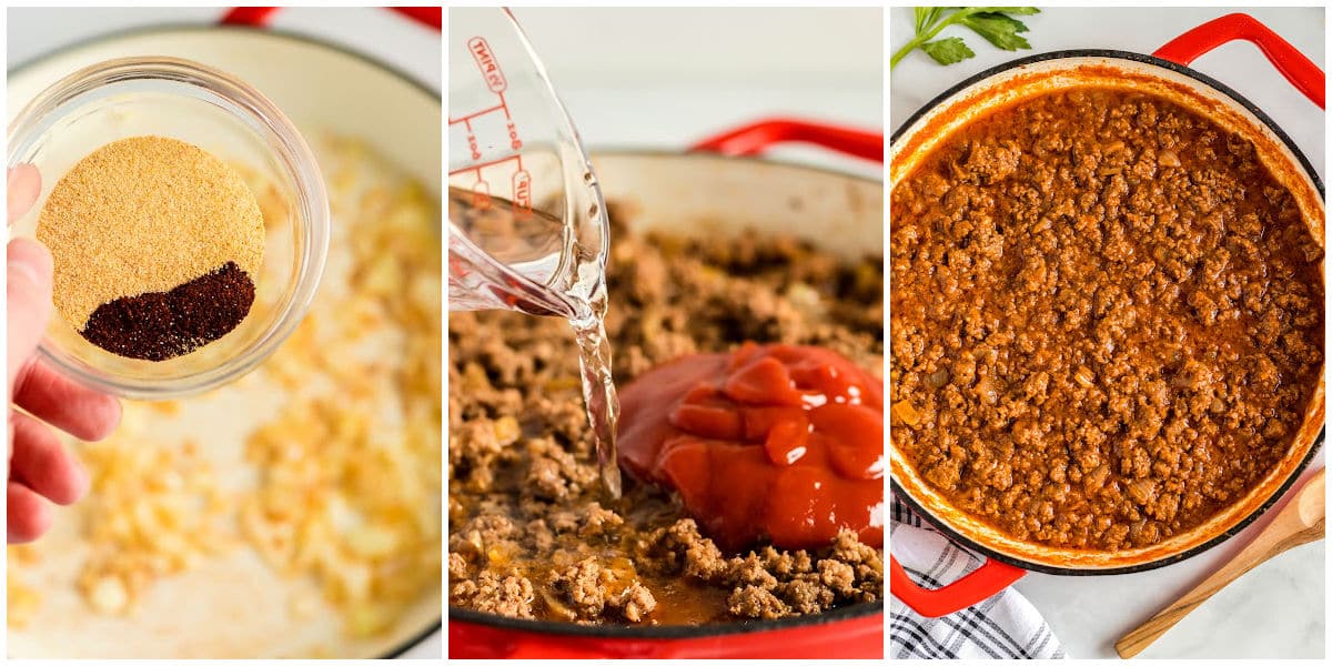 a collage of making sloppy joes by adding the seasonings, ketchup, water and thickening the sauce
