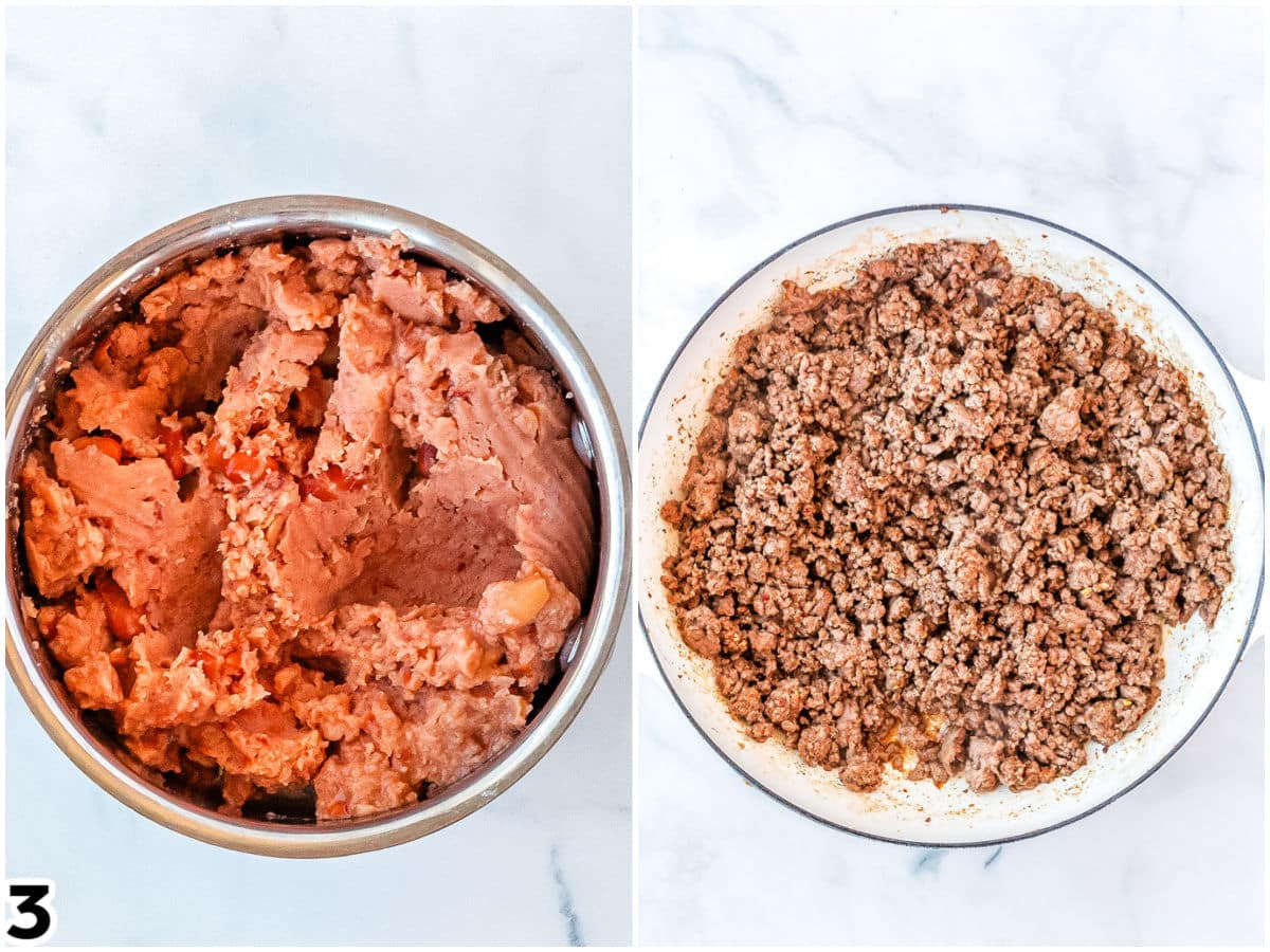 A picture collage showing the cooked refried beans and the seasoned groubd beef.
