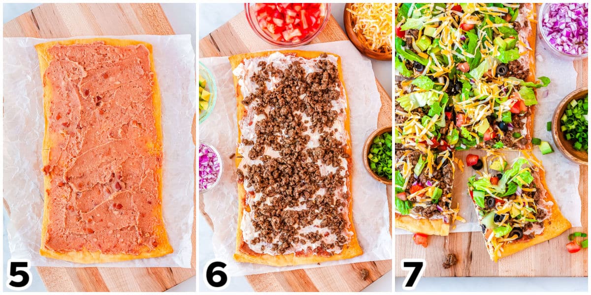 A picture collage showing hot to ad the refried beans, sour cream mixture and toppings all ove the baked crust.