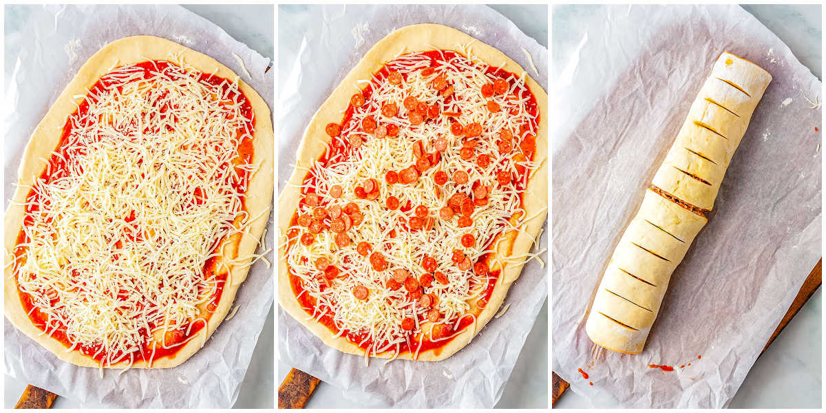 a collage showing how to make pepperoni pizza rolls by spreading the cheese over the sauce, adding the pepperonis, and rolling into a log to slice