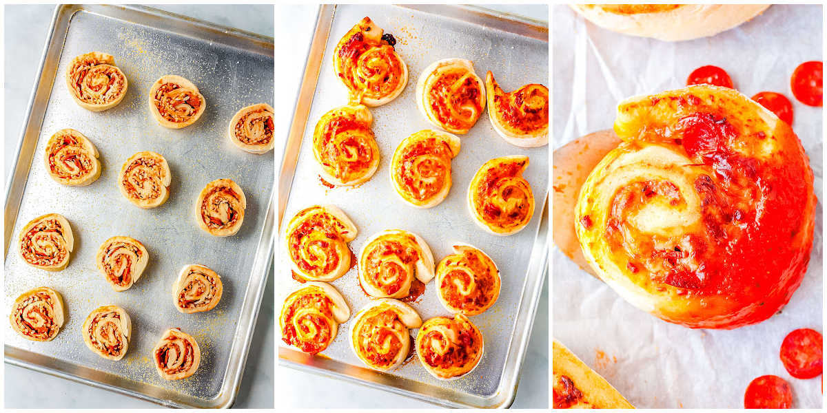 a collage showing how to make pizza rolls, by letting the dough rise, baking, and serving with pizza sauce