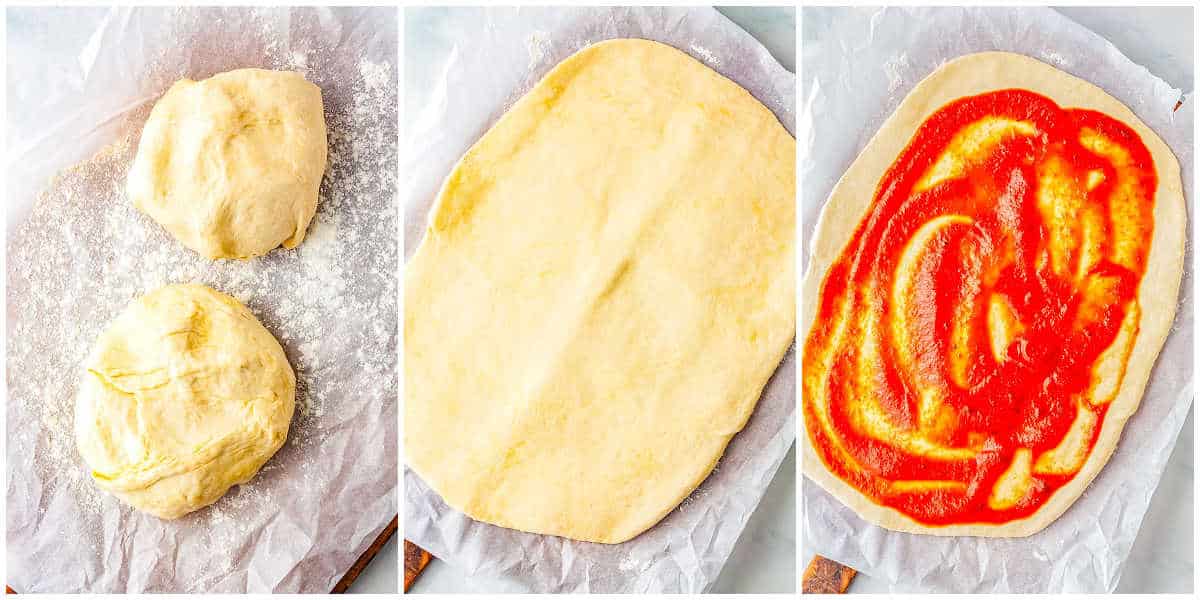 a collage showing how to make pizza rolls by dividing the dough into tow, rolling it out, and spreading on the sauce