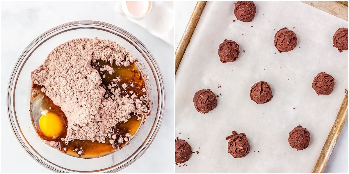 adding ingredients to mix together for brownie cookies, and scooping the dough into dough balls to bake on a baking sheet