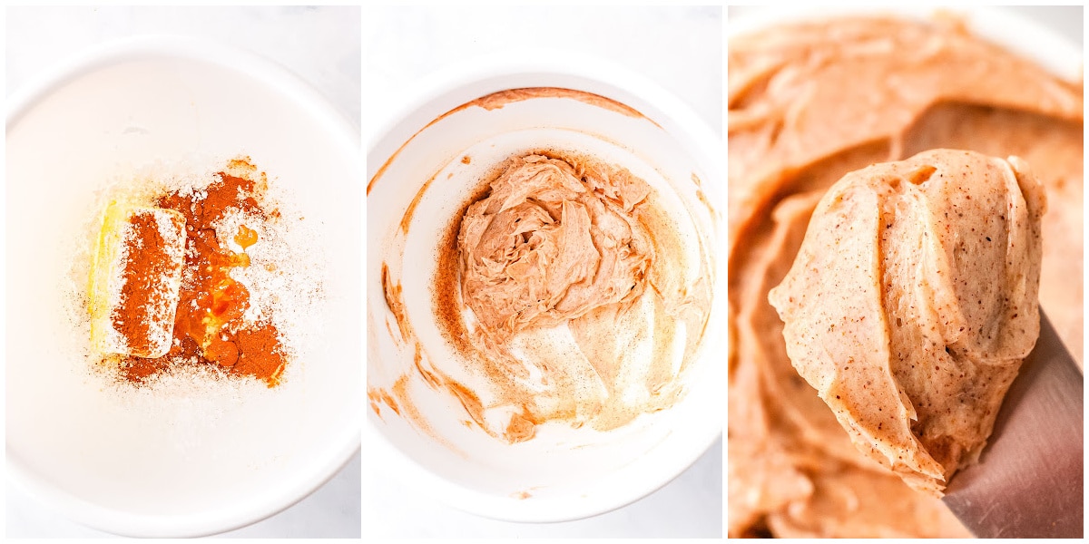 a collage showing how to make cinnamon honey butter by adding the ingredients in a bowl, mixing everything together, and serving