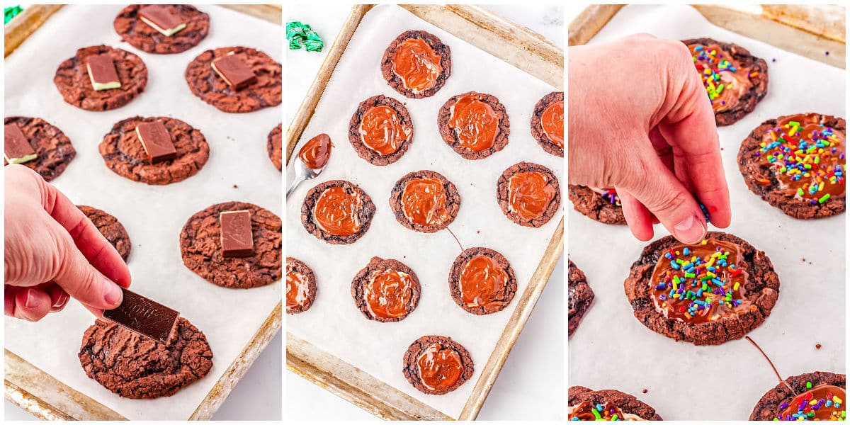 placing an andes mint on top of baked cookies, spreading the mints, topping with sprinkles