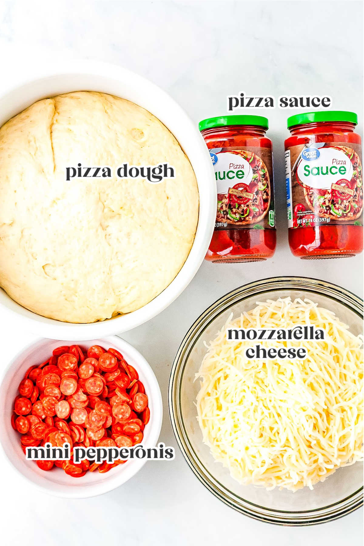 ingredients for pepperoni pizza rolls with text overlay