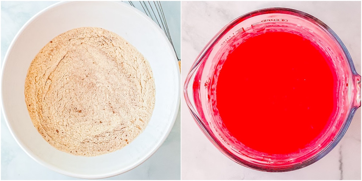 a bowl of mixed dry ingredients and a bowl of mixed wet ingredients