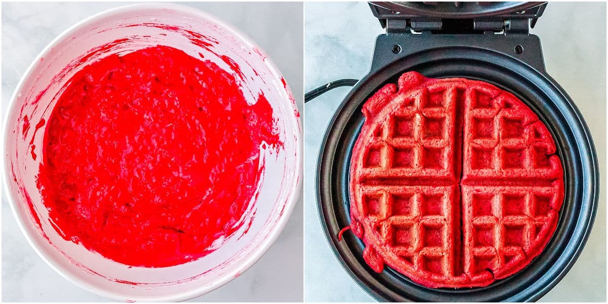 a bowl of waffle batter and a cooked waffle on a waffle iron