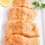 Close up picture of the finished baked salmon fillets.