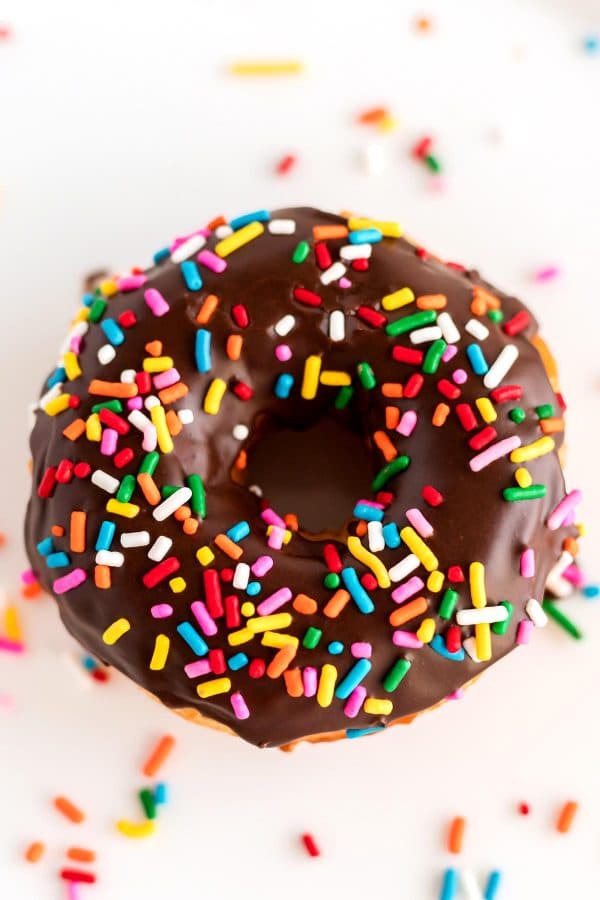 Overhead picture of a chocolate glazed biscuit donut.