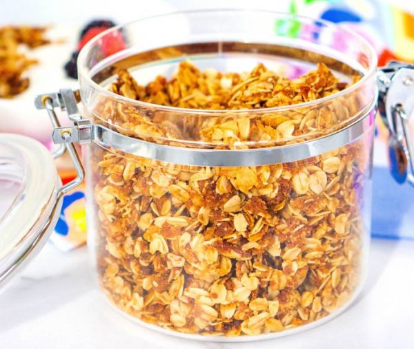 Close up picture of granola in a canister.