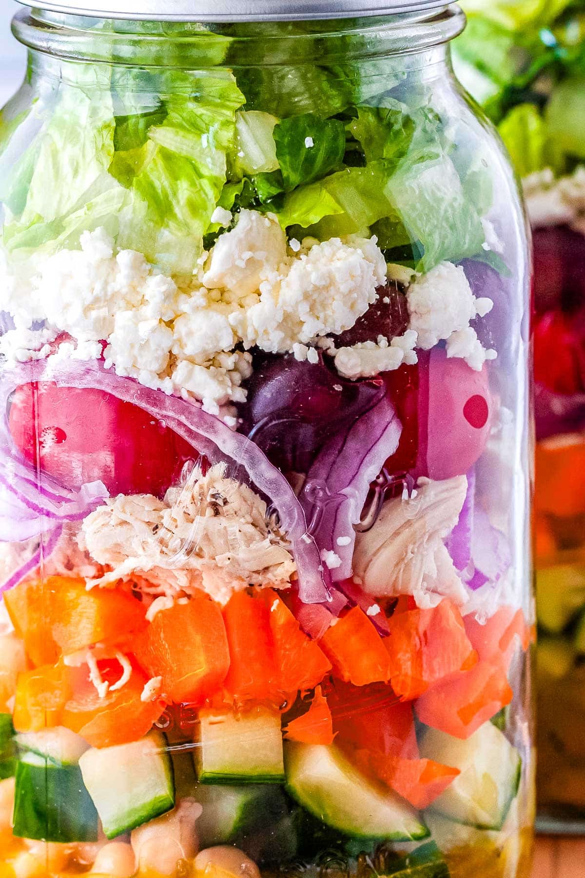 The finished Greek salad in a jar.