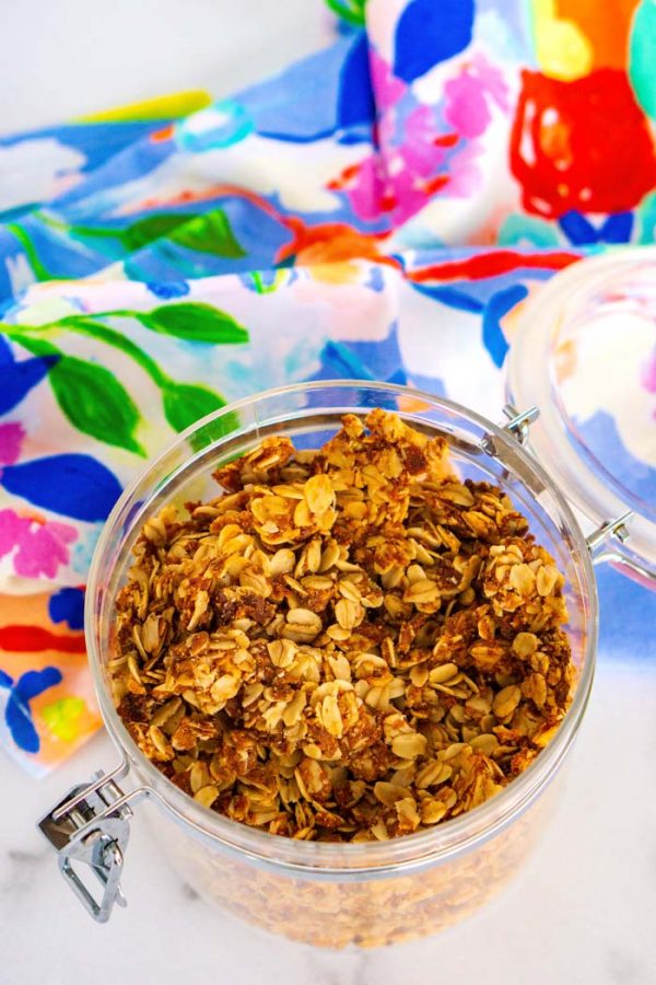 Homemade granola in a clean canister.