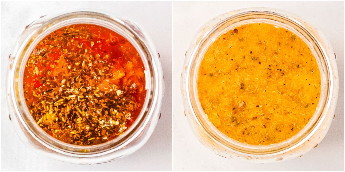 The Greek dressing ingredients in a jar before and after it's shaken.
