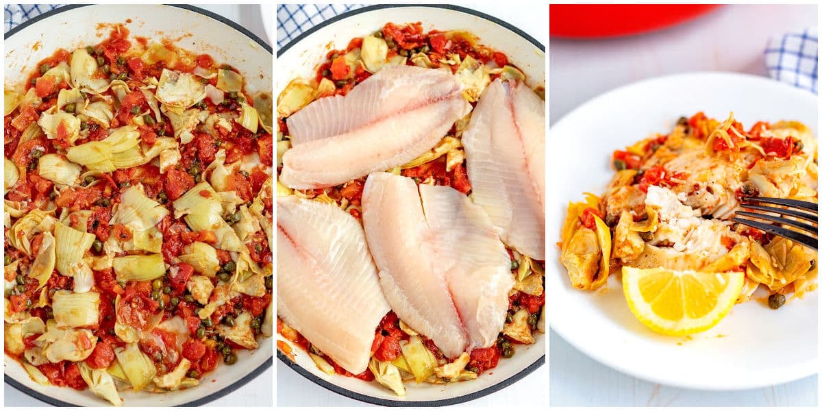a collage showing how to make Stovetop Tilapia by cooking the veggies, adding in the fish to cook, and adding the garnish to serve