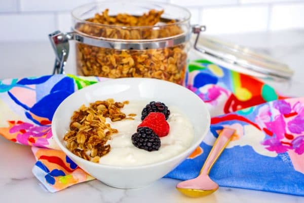 Homemade Greek yogurt in a bowl with granola and berries.