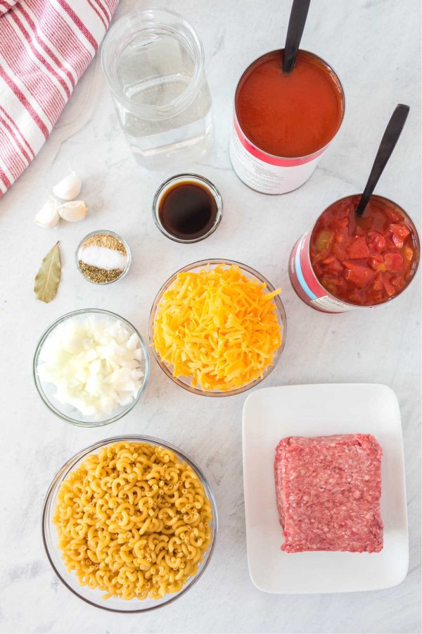 An overhead picture of all of the ingredients needed to make this American Goulash recipe.