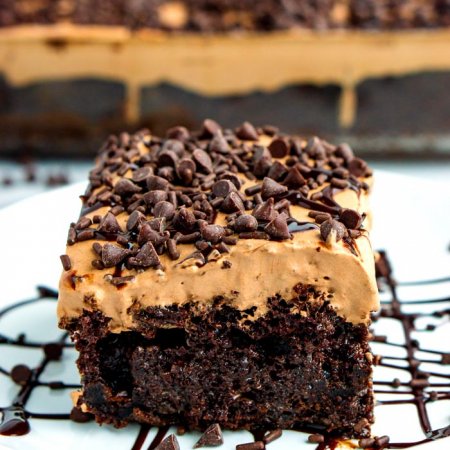 A slice of cake on a white plate with chocolate drizzle.