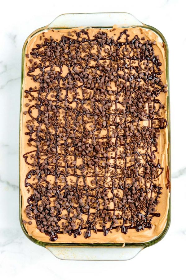 Overhead picture of finished poke cake. 