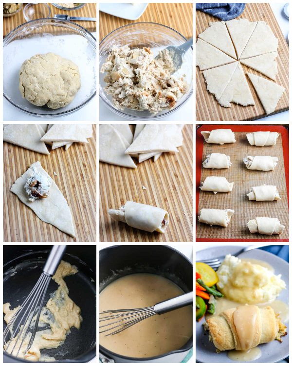 A picture collage of how to make Chicken Pillows. 