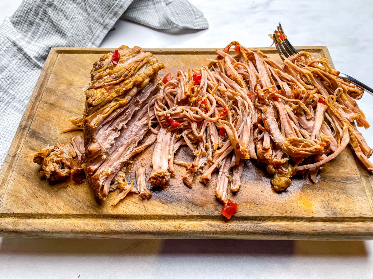 The shredded Machaca Beef on a cutting board.