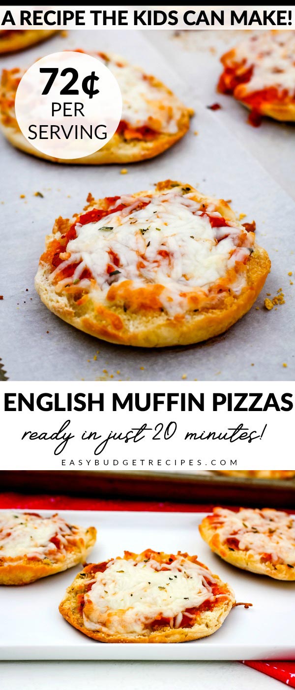 These English Muffin Pizzas are a lunchtime favorite! They take 20 minutes to make, serve 6, and cost $4.33 to make. That’s just 72¢ per serving. via @easybudgetrecipes