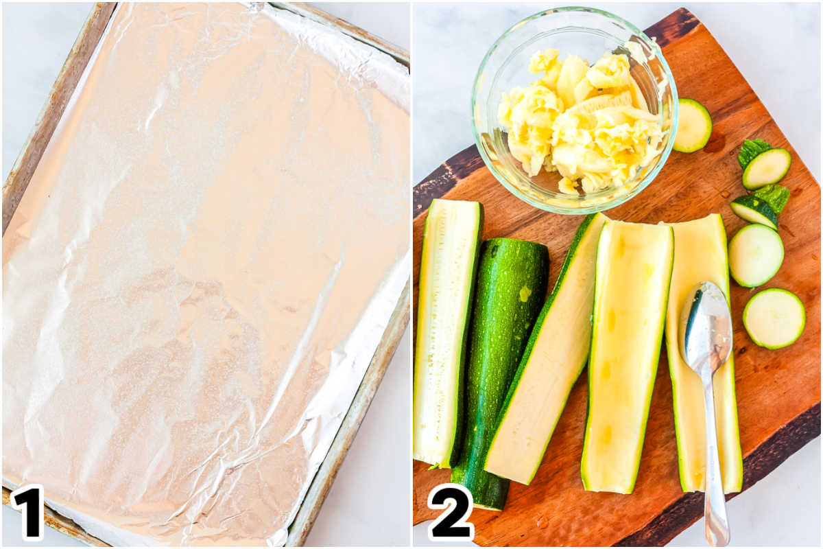 A picture colage shwoing the prepared rimmed baking sheet and then the prepared zucchini on the pan.