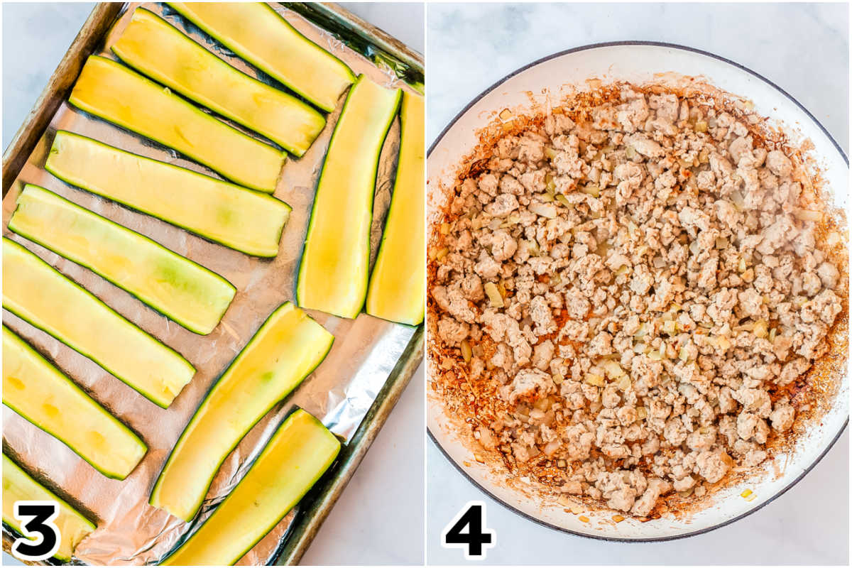 The prepped zucchini on a baking pan.
