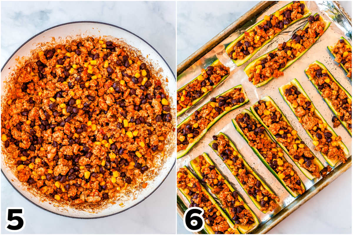 A picture collage showing the taco boats filling in a pan and then filled in the zucchini.