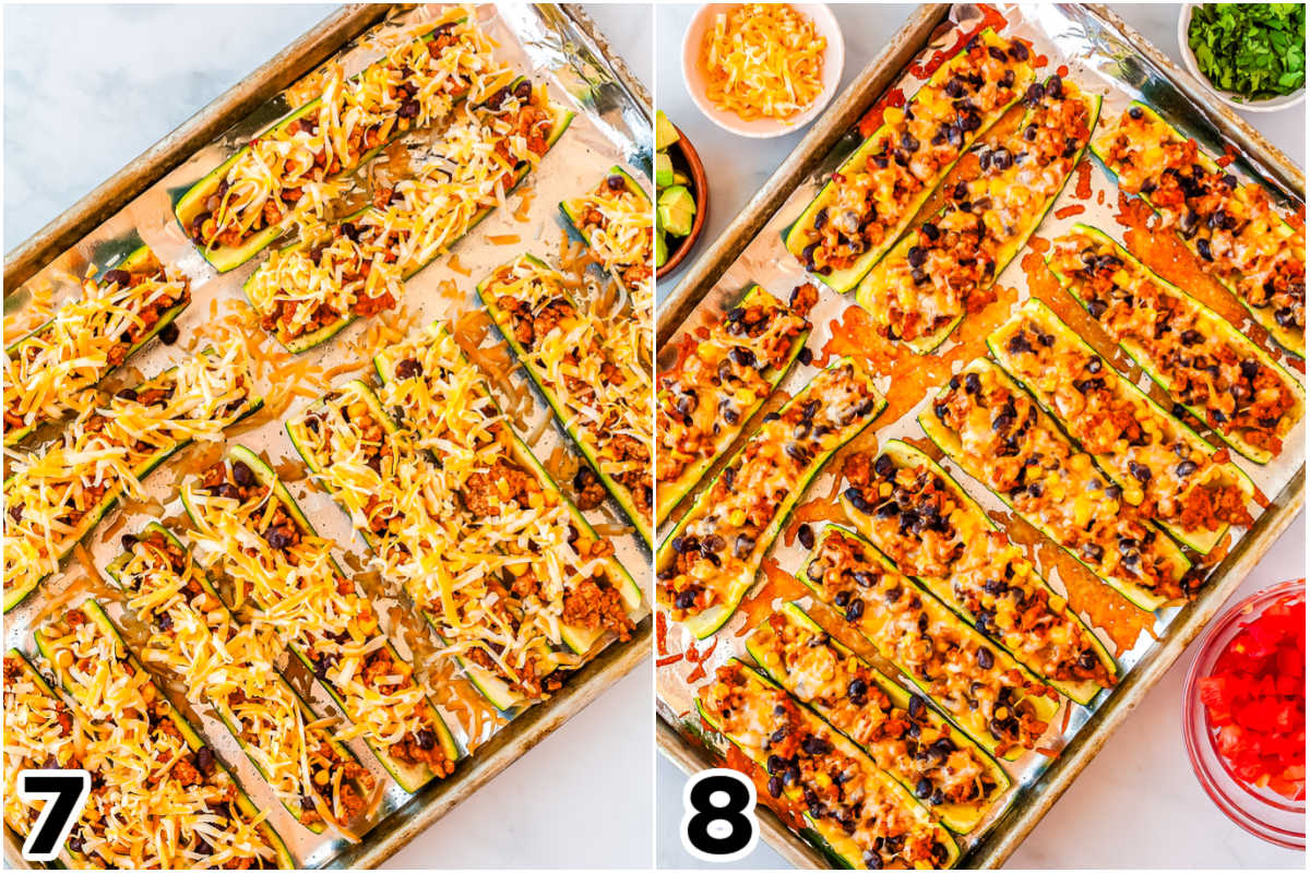 A picture collage showing the Zucchini Taco Boats before and fter they are baked.