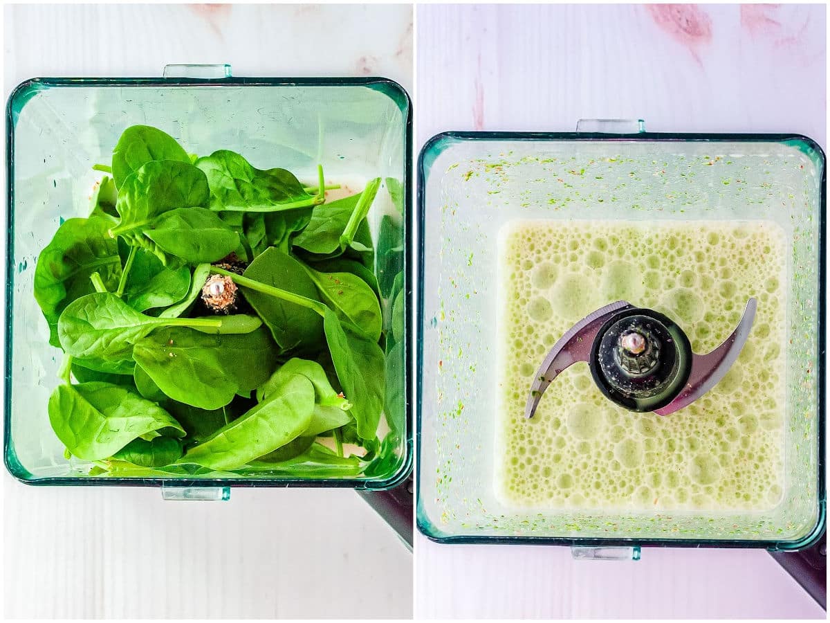 a collage showing how to make a mango smoothie by adding the ingredients in the blender and then blending them together