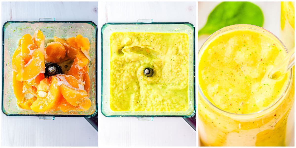 a collage showing how to make a Mango Smoothie by adding the frozen fruit to the blender, blending until smooth, and serving in glasses