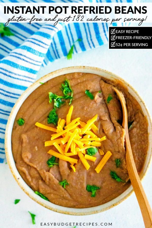 Finished Instant Pot Refried Beans with text overlay for social media.