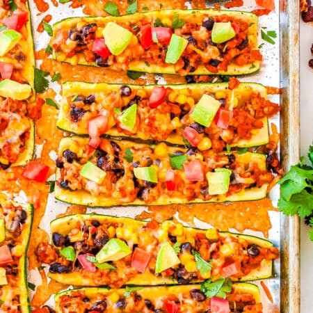 The finished Zucchini Taco Boats on a rimmer baking sheet.