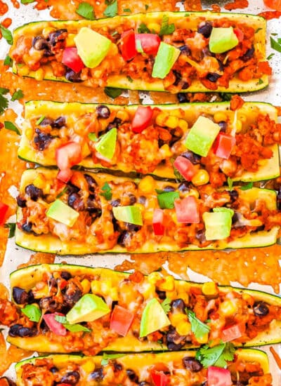 The finished Zucchini Taco Boats on a rimmer baking sheet.