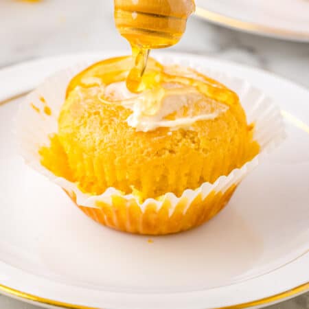 Honey drizzled on a corn muffin.