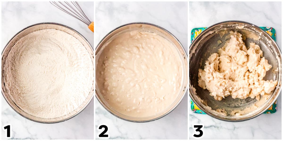 The dry and wet ingredients mixed together and then cooked on the stovetop.