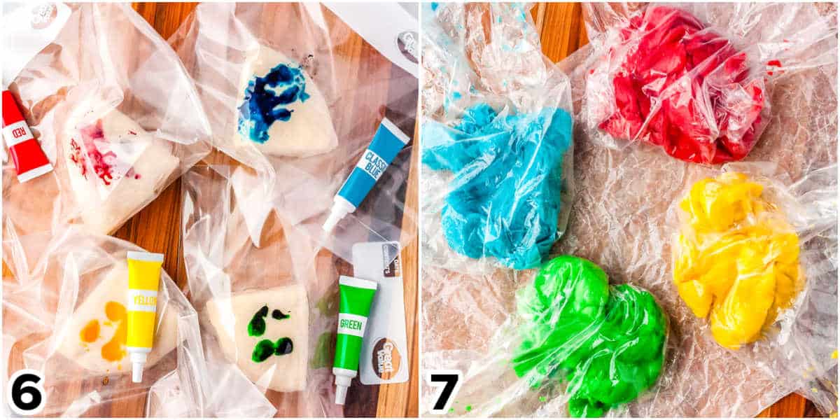 The dough before and after mixing it with food coloring. 