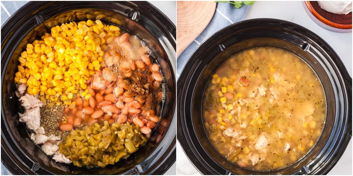 a crockpot of the ingredients to make the chili. another crockpot after the chili has cooked.