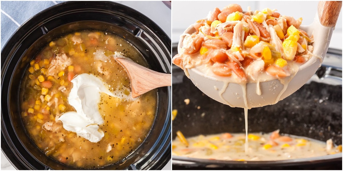 mixing sour cream into a crockpot of chili